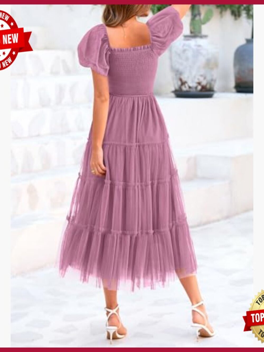 Smocked Midi Tulle Dress Puffy Sleeve Square Neck Wedding Guest Party - Picture 2 of 7